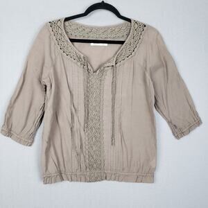 Old Navy Size S Elastic Waist Peasant Top Taupe Beige‎ Boho Cottagecore Scandi